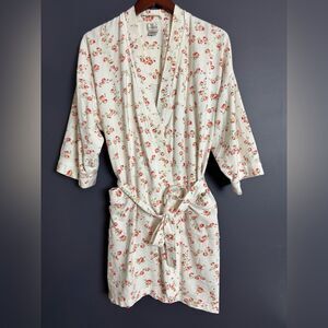 Vintage 90's Cacique 100% Cotton White Rose Floral Belted Tie Robe Size M/L